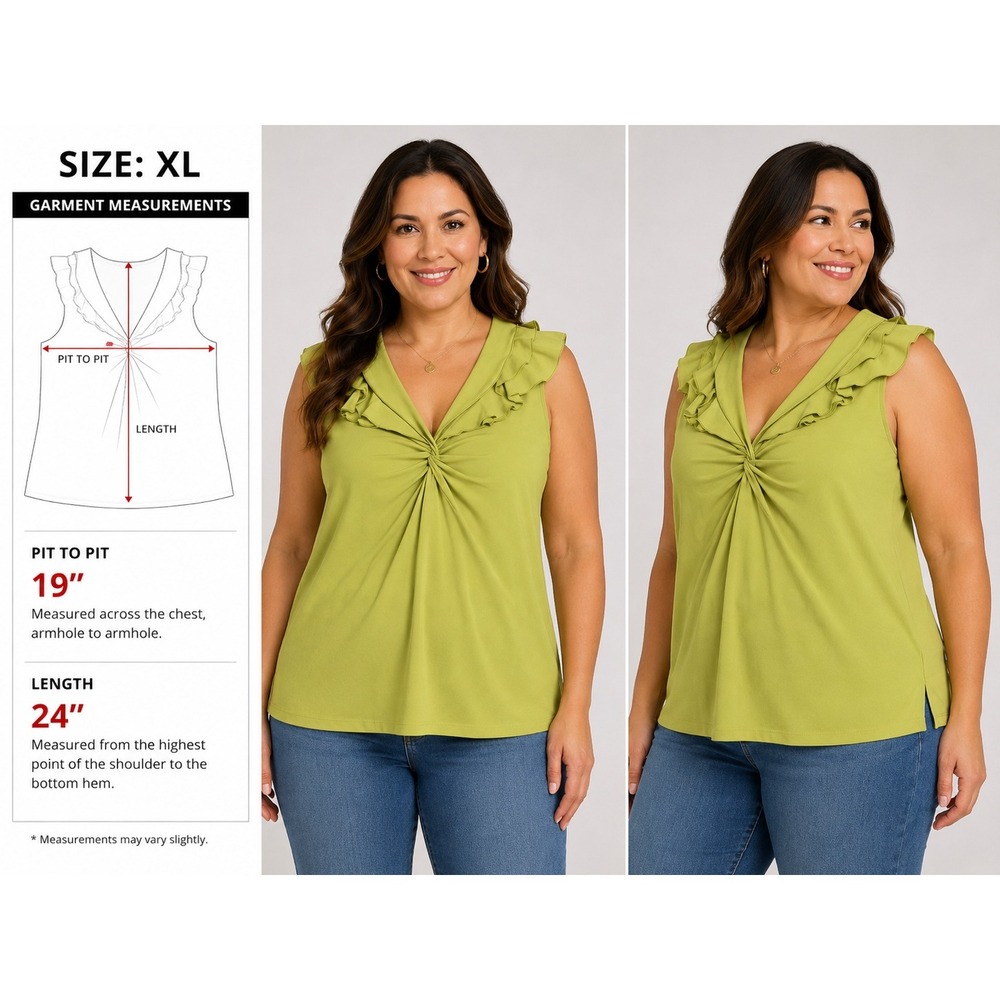 Vintage Suzie Lime Green Ruffle V-Neck Twist Front Sleeveless Blouse Top XL